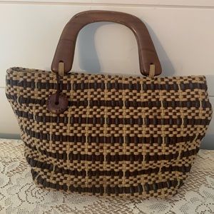 The Sak purse brown basket weave look purse with wooden handles